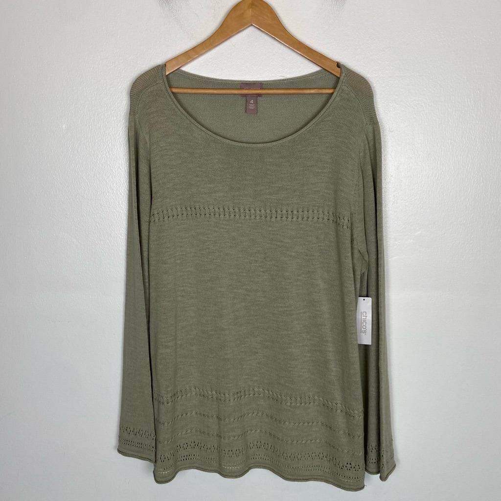 Chico's Embroidered Roll Hem Pullover Sweater 4 Us Xxl Green Boat Neck Crochet